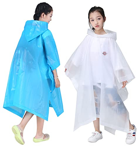 HLKZONE Kids Rain Poncho, 2 Pack EVA Raincoat, Reusable Rain Coat Jacket for Kids, Boys & Girls, 6-13 Years Old