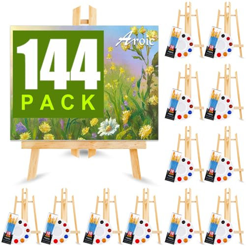 144-teiliges professionelles Malset mit Staffeleien, 12 Holzstaffeleien, 12 Packungen mit 120 Pinseln mit Nylon-Pinselkopf und 12 Paletten, Malzubehör-Set für Kinder und Erwachsene zum Malen.