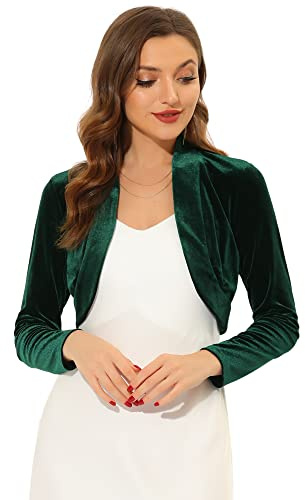 Allegra K Women's Long Sleeve Velvet Shrug Cocktail Party Open Front Cropped Bolero Cardigan Top X-Large Dark Green