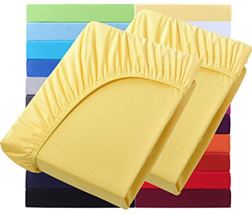 NatureMark Basic 2er Set Jersey Spannbettlaken 90 x 190 cm - 100 x 200 cm - 25 cm Steg - 100x200cm Spannbetttuch - 100% Baumwolle, Gelb
