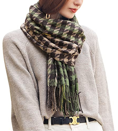 Camilife Damen Großer Schal Lange Schal aus Kaschmirimitat Breite Umhängetuch Shawl mit Fransen Damenschal Webschal Warm für Winter Klassisch Houndstooth + Kariert Muster 70×180cm