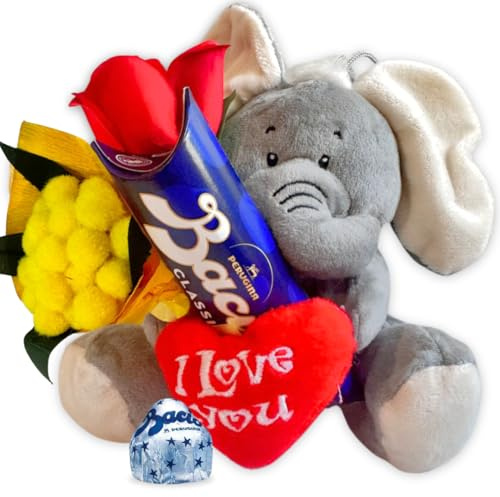 Idea Regalo Fidanzata e Fidanzato - Peluche Elefante 15cm + 37,5gr Baci Perugina + Rosa Rossa + Bouquet di Mimosa - Regalo Uomo|Donna