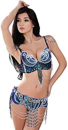 BAtlam Bauchtanz Kostüm Damen Bauchtanz BH Gürtel Set Bauchtanz Kleidung Club Night Gepolsterter BH Gürtel Anzug (Grün L)