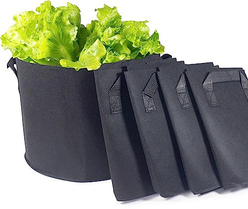 Greenology 10-Gallon Pack of 5 Root Control Greenhouse Plant Grow Bags with Handle - Nonwoven Breathable Fabric - Heavy Duty for Potato Tomato Orchid