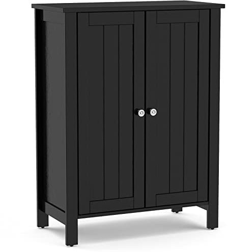 COSTWAY Bathroom Floor Cabinet, Freestanding Wooden Storage Cupboard with Double Door and Adjustable Shelves, Side Cabinet Storage Organizer Unit for Bathroom Living Room Kitchen Hallway (Black)