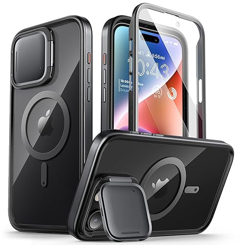 i-Blason Shield Mag für iPhone 15 Pro Max Hülle mit Kameraschutz Ständer, [Kompatibel mit MagSafe] Transparent Handyhülle Bumper Case Schutzhülle mit Displayschutz 2023, Schwarz
