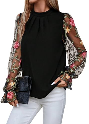Floerns Women's Floral Embroidery Mesh Mock Neck Flare Long Sleeve Blouse Top Black M
