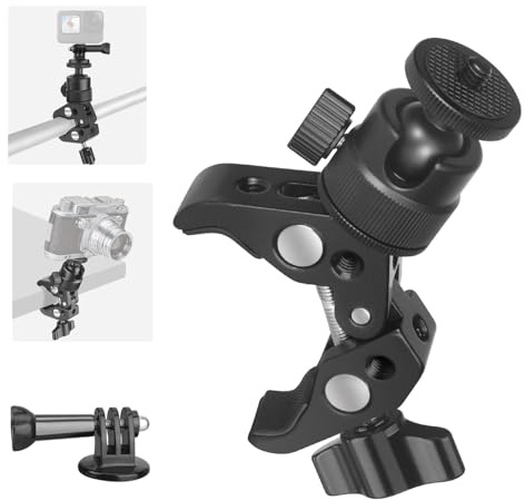Super Clamp Camera Mount with 360° Ball Head, Action Camera Adapter, 1/4-3/8 Thread, 6.6 LB/3 KG Load-Bearing Motorcycle Bike Bicycle Pole Tube Tripod Desk Camera Mount for Light Insta360 DSLR