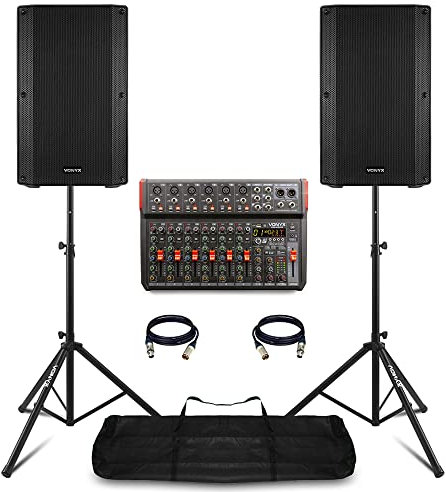 VONYX VSA12 Active PA System Package – 1600W Bi-Amplified 12-Inch Speakers, 10-Channel VM-KG10 Mixer with Bluetooth, USB & DSP, Stands & Cables for Bands, DJs, Events & Church Use
