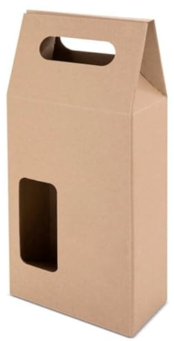 Tradineur - Pack de 10 Cajas de cartón con Ventanas, aptas para 2 Botellas de Vino, Incluyen asa, Guardar, Regalar, Envolver champán, Navidad, 41 x 18 x 9 cm