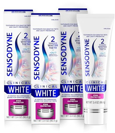 Sensodyne Clinical White Toothpaste Clinically Proven Whitening for Sensitive Teeth, Stain Protector, 3.4 oz x 3