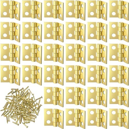 Vebetter 80 Pièces Mini Charnières Modelisme, 10 x 8 mm Petite Charniere Laiton Inox Durable et Robuste Charniere Porte Invisible pour Boîte Coffre à Bijoux Cabinet Tiroirs Pianos avec 330 Vis, Or.
