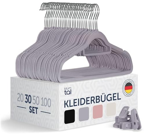 Blumtal Kleiderbügel 30 Stück Mit Clips - 360° Drehbar, Platzsparend, Rutschfest - Mit Klammern für Röcke und Hosen - Samt - Grau