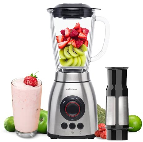 Mellerware - Batidora de Vaso con Filtro Mixy Plus! 2000W | 3 Velocidades + TURBO | Jarra de Vidrio 1.8L | Cuchillas 6 Hojas | Rompehielos | Licuado sin Grumos | Acero INOX | Apto para Lavavajillas