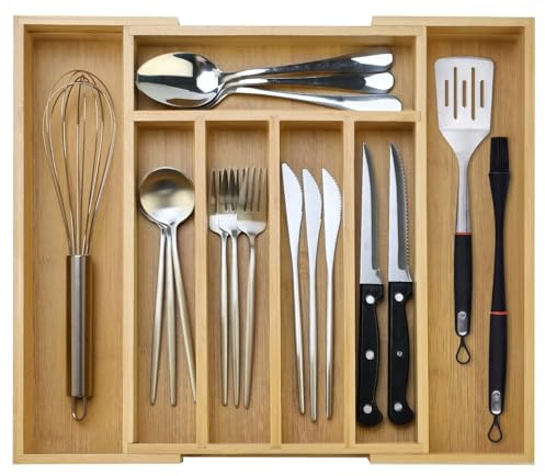 Expandable Large Kitchen Utensil Organizers Bamboo Silverware Drawer Organizer Tray Adjustable Flatware Organizer Fork Spoon Wood Cutlery Tray Cooking Utensils Holder Drawer Divider Silverware Trays