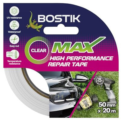 Bostik Max Repair Tape Clear - 50mm x 20m Roll | Ultra Strong Waterproof Duct Tape - Maximum Bond Strength - Heat Water & UV Resistant - Indoor & Outdoor Use