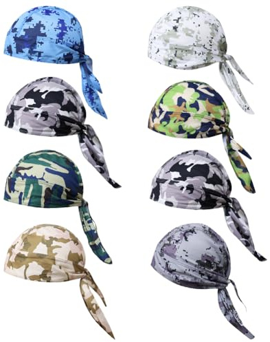 8Pcs Do Rag Skull Cap per uomo donna sudore traspirante Doo Rag casco fodera raffreddamento cappello moto ciclismo copricapo bandana beanie cappello, Motivo mimetico., 3-8