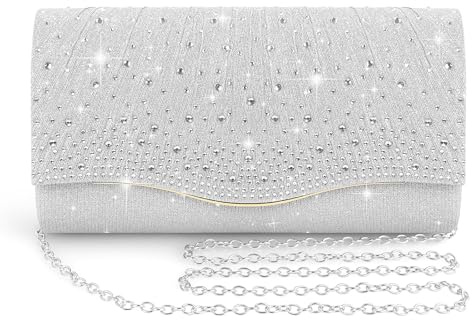 BELICOO Clutch Bag for Women, Sequin Envelope Handbag Evening Bags with Detachable Chain, Elegant Clutches for Wedding Bridal Prom Party(Silver)