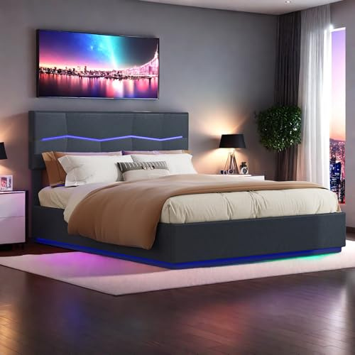 LLODERY Polsterbett Doppelbett 180x200 cm - Kopfteil mit LED und USB, Hydraulisches Stauraumbett mit Lattenrost und Stauraum, Jugendbett ohne Matratze,Schwarz
