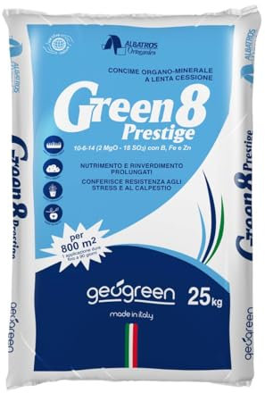 GEOGREEN GREEN 8 concime per prato estate e tardo autunno – organo minerale – lunga durata – 90 giorni – NPK 10-6-14 – contro gli stress – rinverdente – 625m2