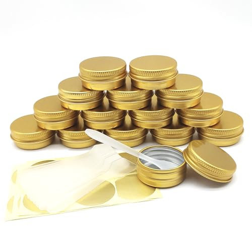 Wopanxye 15 stycken 15 g guld runda metallburkar i resestorlek, 15 ml aluminiumburkar med skruvlock för smink kosmetika prover, naglar, läppglans balsam, salva, kryddor, godis, ljus, te