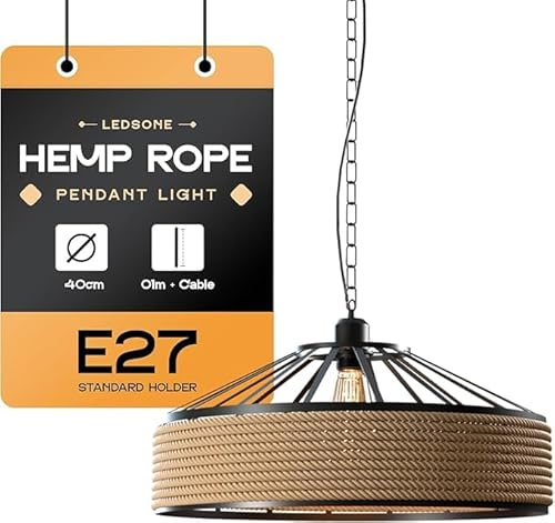LEDSone Lampadario a sospensione in corda di canapa industriale retrò, lampadario decorativo da soffitto. Kit paralume per lampada da soffitto (Cavo da 1 m + catena, 40cm)