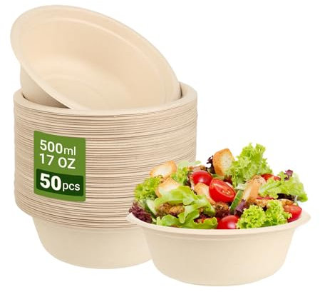 50 Bols Jetables - Bols en Carton, 500ml/17oz, Fabriqués en Matériau de Haute Qualité de Fibres de Canne à Sucre et de Paille de Blé, Usage Unique et Biodégradable, Résistants au Froid et à la Chaleur