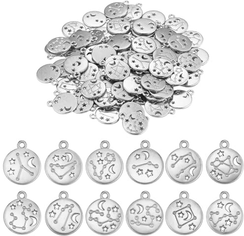 LEGENTLISUR 84 Stück 12 Sternzeichen Anhänger Flach Rund Silberlegierung Charms Zur Schmuckherstellung Armbänder Halsketten DIY Astrologische Anhänger