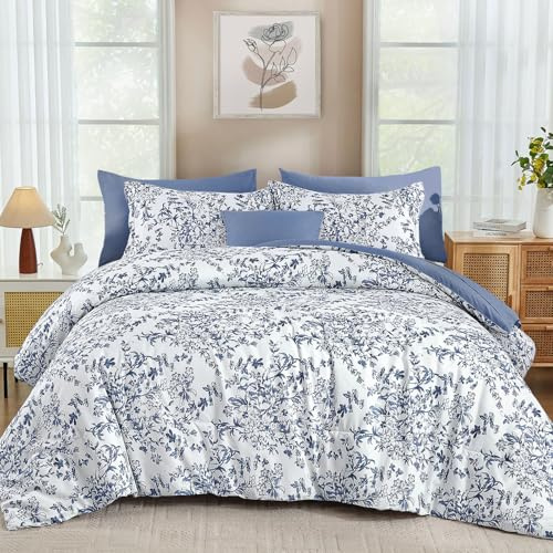 WONGS BEDDING Blue Floral Comforter Set Queen Size, 8 Pieces Flower Botanical Bed in a Bag Bedding Set, Soft Microfiber Comforter, Sheets, Pillowcases & Shams (90x90)
