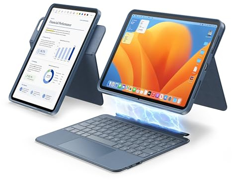 HOU Tastaturhülle für iPad Air 11,Air 5/4. Gen & iPad Pro 11 1/2/3/4. Gen | drehbar,abnehmbar,verstellbarer Ständer,Hoch-/Querformat,Stiftfach,Touchpad,beleuchtet,Vollschutz-Hülle,QWERTZ,Blau