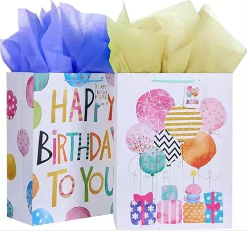Geburtstagsgeschenktüten, 2 Stück, Happy Birthday Design mit Luftballons und Geschenken, Blau und Gelb Seidenpapier