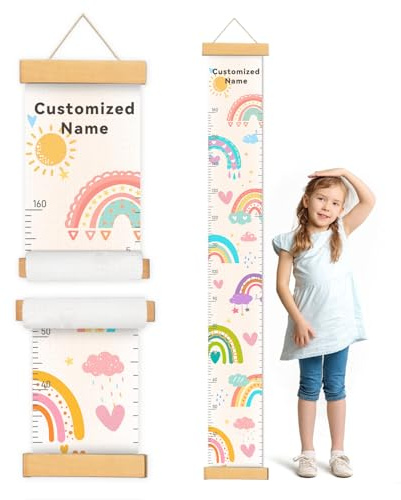 CHARMIBLE Personalisiert Messlatte Kinder für Baby- & Kleinkinderzimmer mit Namen, Abnehmbares Canvas-Messlineal für Baby-Messlatte für Schlafzimmer, Wanddekoration(Regenbogen)
