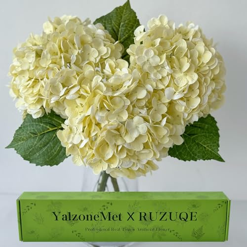 YalzoneMet Lot de 3 fleurs d'hortensia artificielles beiges crémeuses de 53,3 cm au toucher réaliste en latex pour tables de mariage, centres de table, fausses fleurs pour fête, maison, cuisine