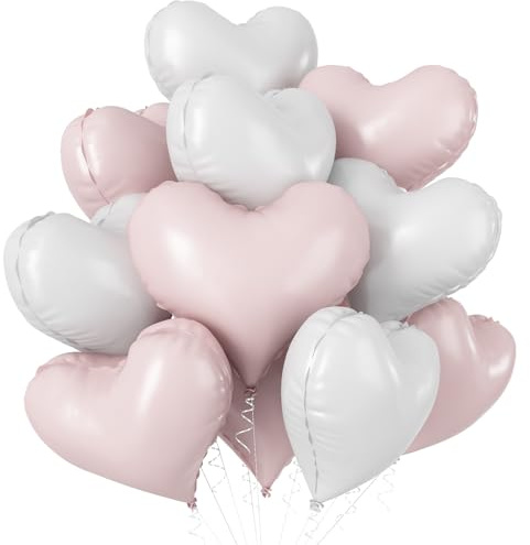 Pink White Heart Balloons, 20 Inch White Baby Light Pink Foil Mylar Heart Shaped Balloons 10 Pcs Dusty Pink Large Helium Balloon for Women Birthday Decorations Bridal Wedding