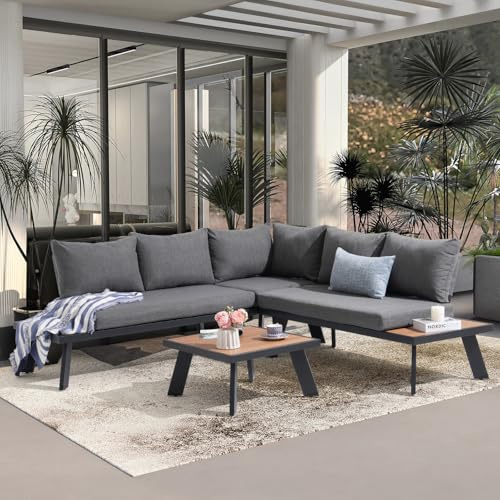 OC Orange-Casual Gartenlounge Set, Aluminium Ecksofa-Set mit Couchtisch, 4-TLG Ecklounge mit Sitz&Rückkissen, Rostfrei,Gartenmöbel mit Holzmaserung für Garten, Terrasse, Balkon (Grau)