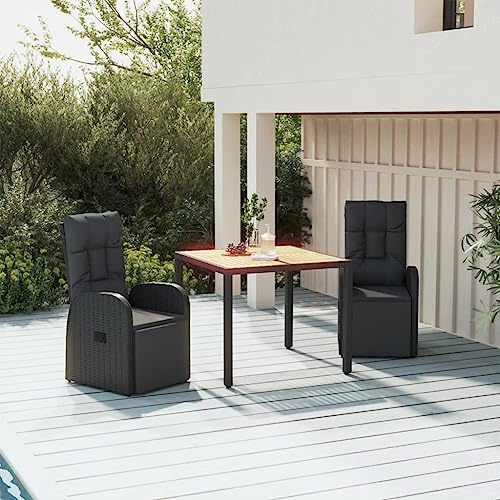 WSJHUHK Möbel, Outdoor-Möbel, Gartenmöbel-Set, 3-teiliges Garten-Esstisch-Set, schwarzes Poly-Rattan und Massivholz-Akazie
