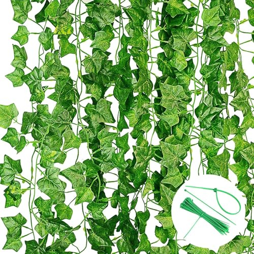 Paquete de 12 Hiedra Artificial Verde con Bridas de Nailon para Cables, Guirnalda Artificial para jardín, Boda, Fiesta, decoración de Pared, 7 pies