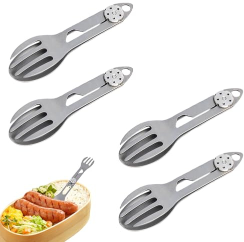 4 cubiertos de camping de titanio plegables – tenedor cuchara 2 en 1 – cubiertos plegables con tenedor y cuchara | para exteriores, camping, senderismo, fácil de transportar, vajilla muy práctica