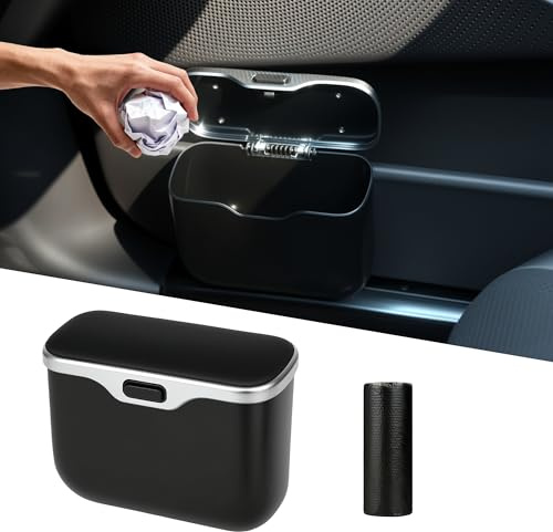 Qirc Mini Car Trash Can with Lid, Leakproof & Waterproof Vehicle Rubbish Garbage Bin, Portable Hanging Car Trash Holder for Front Back Seat Accessories, Office, Home (Black)