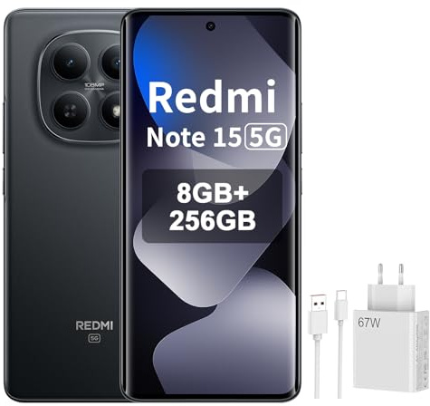 XIAOMI REDMI Note 15 5G - Smartphone de 8+256GB, Pantalla AMOLED FHD+ de 6,77, Snapdragon 6 Gen 3, cámara de 108 MP, batería de 5520 mAh, Negro, Included 67W Charger