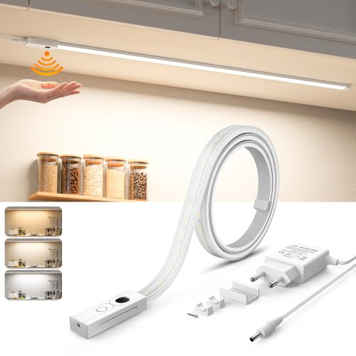 Lureshine Unterbauleuchte Küche LED Lichtleiste 90CM Handgesten Sensor | 3 Farbtemperatur Dimmbar, Selbstklebend Flexibel Silikon Strip Streifen, 24V Netzteil,Unterschrank Beleuchtung Küche,Schrank