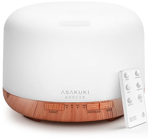 ASAKUKI 500ml Essential Oil Diffuser, 5 In 1 Ultrasonic Diffuser, Aroma Scented Vaporizer Humidifier, Ｑuiet Diffuser With Timer Settings, Waterless Auto-Off & 7 LED Light Colours