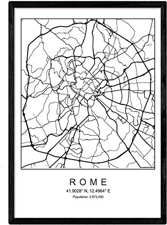 Mappa della mappa della città Stile nordico di Roma in bianco e nero. Manifesto A3 Dimensione incorniciata con cornice nera carta stampata 250 gr. Immagini, fogli e poster per salone e camera da letto