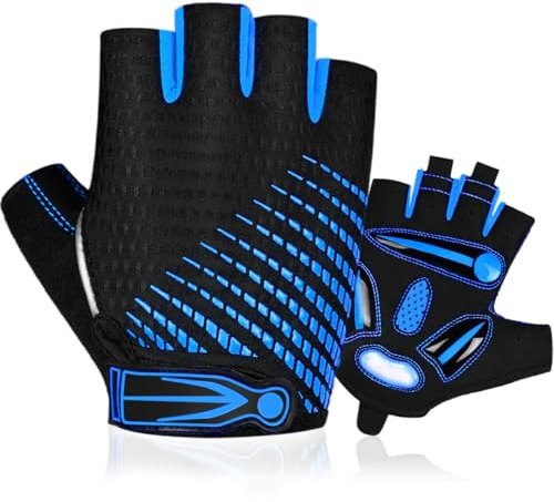 BTNEEU Guanti da ciclismo senza dita con gel a mezza dita, per uomo e donna, traspiranti, antiscivolo, per mountain bike, allenamento, fitness, sport (blu, M)