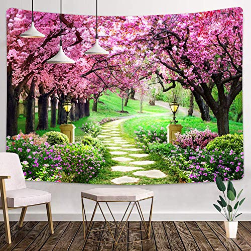 MEETSIOY Cherry Blossom Path Tapestry 80x60 Inches Park Bench Scenery Tapestry for Children Adults Room Decoration Living Room Bedroom Dormitory Wall Hanging GTLSMT45