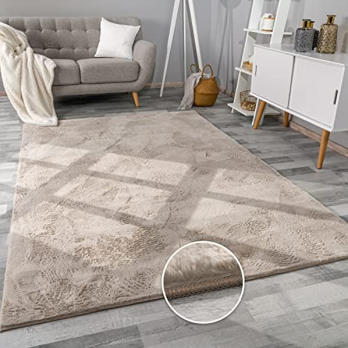 Paco Home Teppich Wohnzimmer Kunstfell weich waschbar modern elegant pflegeleicht Felloptik Uni Seidenglanz flauschig Kurzflor, Grösse:200x280 cm, Farbe:Beige