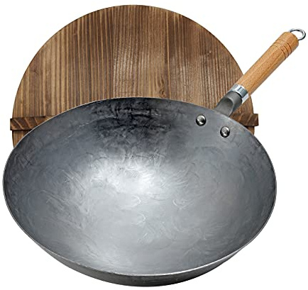 Vinbcorw Sartén Wok, Wok Tradicional Martillado A Mano De Acero Al Carbono Con Mango De Madera Y Acero Woks Chinos (Fondo Redondo) Wok De 1,8 Mm De Espesor Con Tapa,30cm