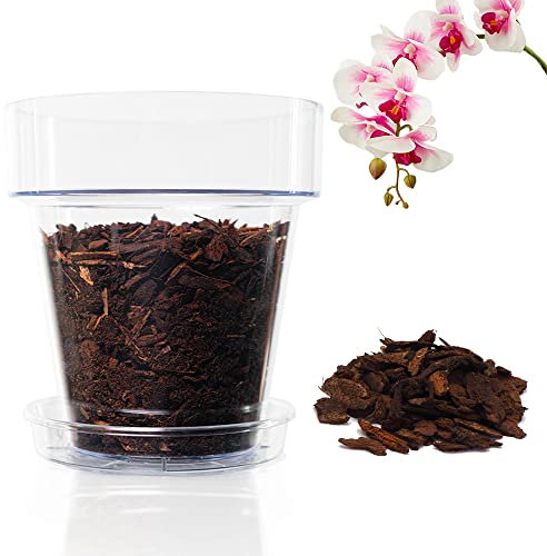 Kalapanta Kit per Rinvasare Le Orchidee, 2 Vasi Trasparenti Ø 14cm con Fori Drenaggio, 2 Sottovasi Ø 12cm, Terriccio per Orchidee Biologico da 2L, Professionale Specifico