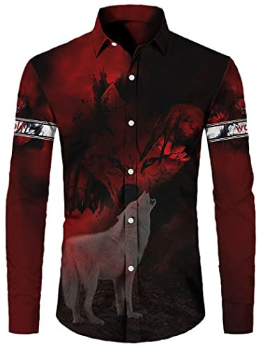 Boutons d'impression de Loup 3D Chemise, Hommes Casual Animal Hauts imprimés, Chemise à Manches Longues de Streetwear Harajuku