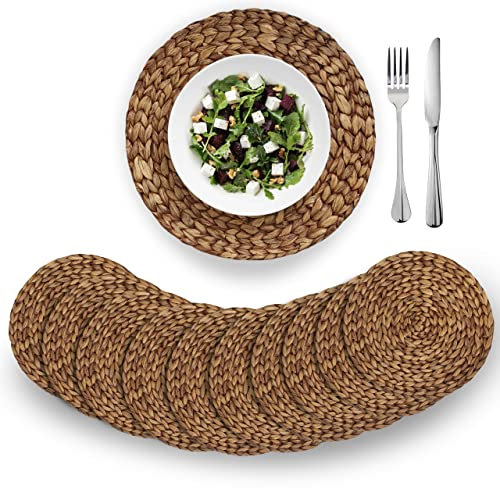 BARIEN Brown Woven Placemats Round Set of 10, Natural Water Hyacinth Weave Placemat for Dining Table, Large Handmade Woven Placemats Heat Resistant Non-Slip (14)